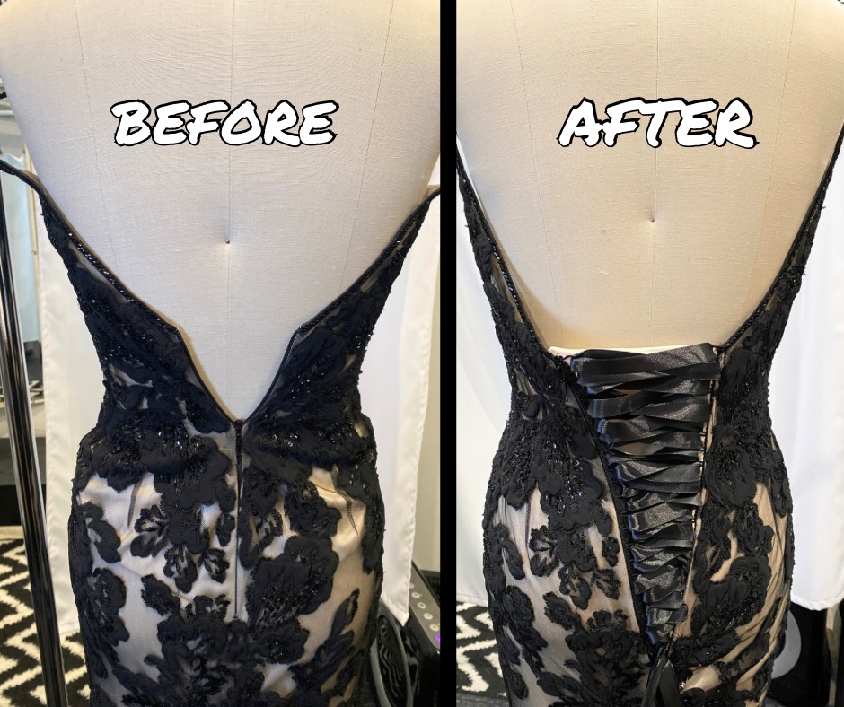 evening dress altered to add width by adding corset back, tailored by Stevie Leigh in Lakewood, Colorado
