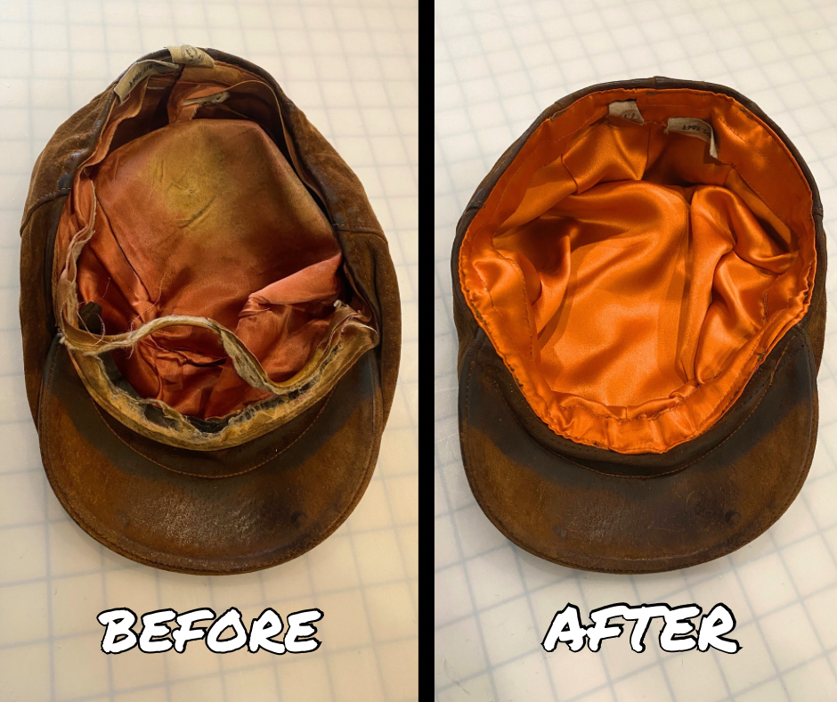 old lining in hat replaced by new silk lining altered by tailor Stevie Leigh in Denver, Colorado